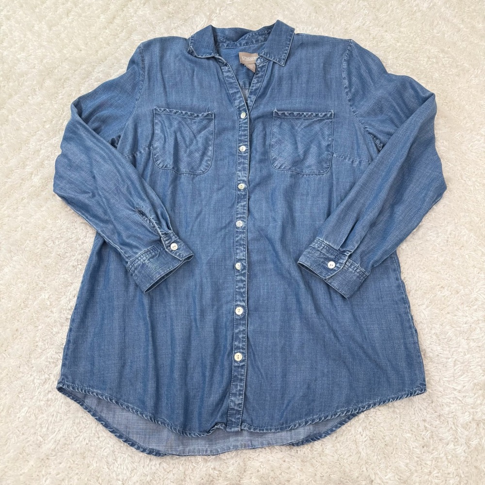 Chico's Shirt 1 Denim Tunic Top Button Down LS Preppy Chambray Capsule Casual